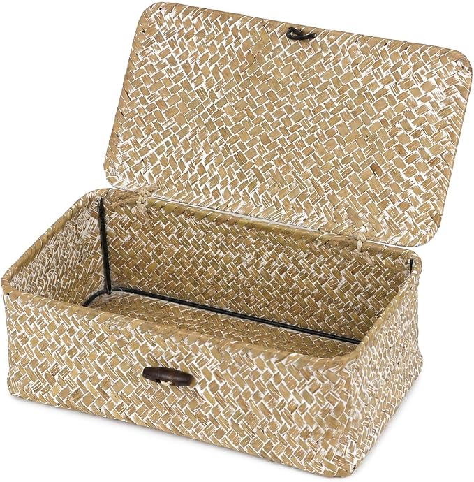 Seagrass Wicker Storage Basket with Lid, Small, Whitewash | 9.05 x 5.11 x 3.34 Inch Box, Shelf Organizer, Rectangular Woven Bin, Small Item Storage, Decorative Finish