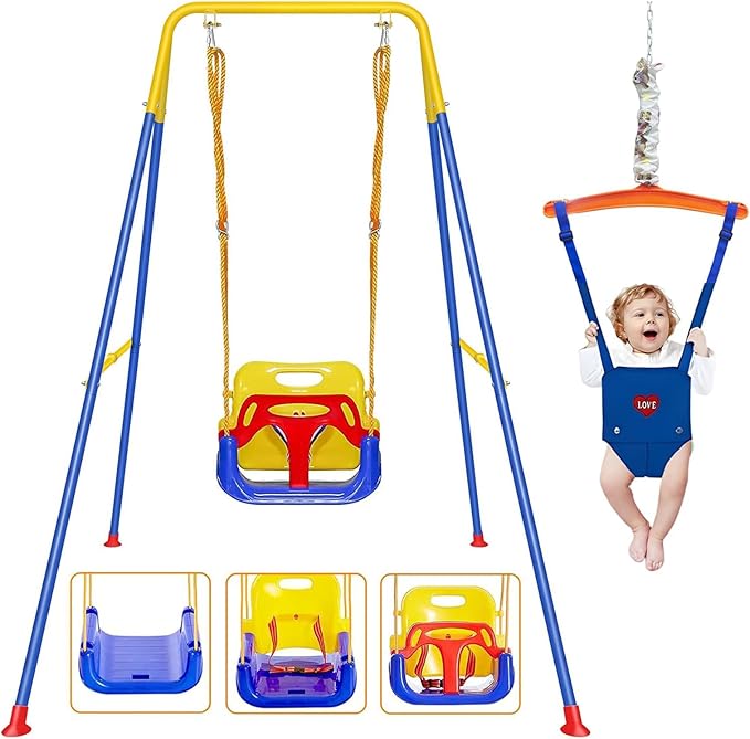 2 in 1 Toddler Swing ＆ Jumper with Frame, Outdoor, Indoor, Baby Swing with Safety Belt for Indoor and Outdoor Use, Foldable Metal Stand & Clear Instructions, Easy to Assemble