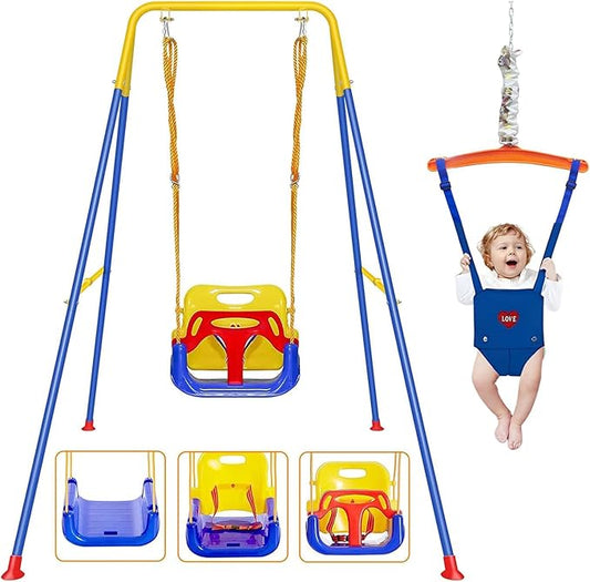 2 in 1 Toddler Swing ＆ Jumper with Frame, Outdoor, Indoor, Baby Swing with Safety Belt for Indoor and Outdoor Use, Foldable Metal Stand & Clear Instructions, Easy to Assemble