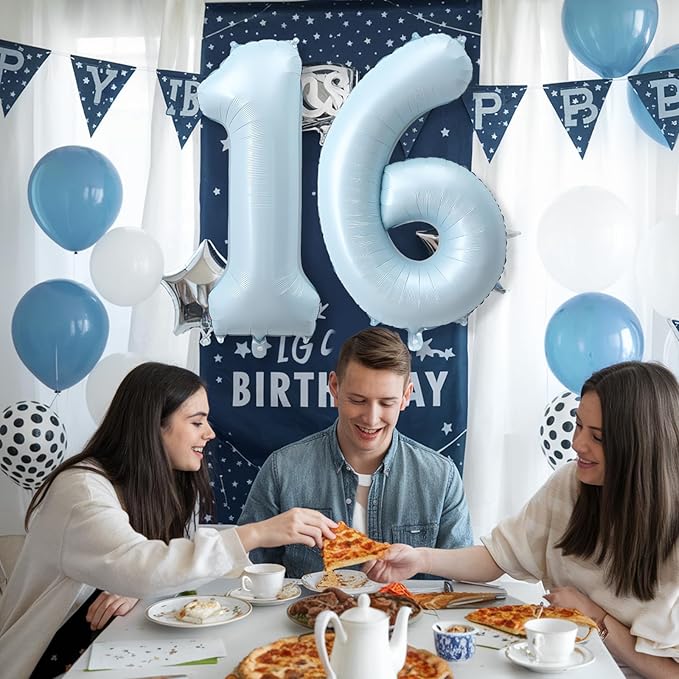 Big Number 16 Balloons, Light Matte Blue Foil 16 Balloon Numbers 40 Inch, Giant 16th Birthday Party Decor, Pastel Baby Powder Blue Mylar Self Inflating Balloon for Boys Men Anniversary Decorations