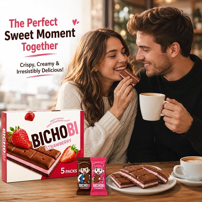 BICHOBI Strawberry Chocolate Biscuit Sandwich Cookies, 5 Packs, Korean Snack