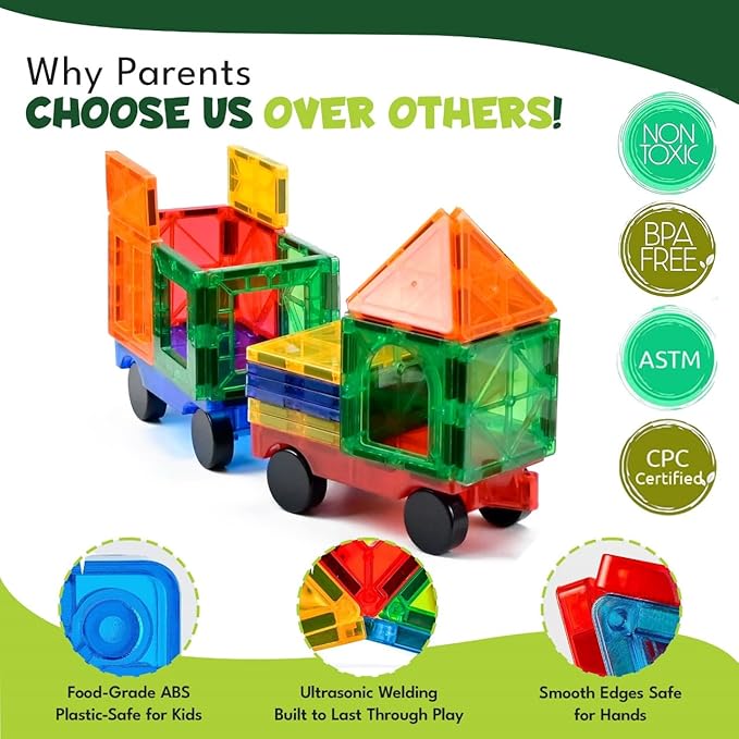 Magnetic Tiles 100 PCS with 2 Cars – STEM Building Blocks for Kids, Educational Gift for Boys & Girls