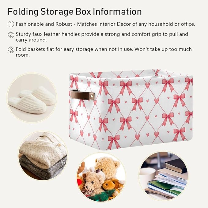 Aslsiy Storage Basket Watercolor Pink Bows Hearts Nursery Bins Baby Box Canvas Clothes Shelf Basket Laundry Hamper 1 Pcs