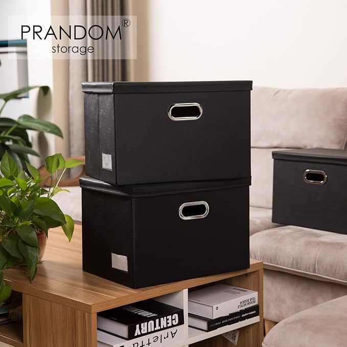 Collapsible Storage Bins with Lids [3-Pack] Leather Fabric Foldable Storage Boxes Organizer Containers Baskets Cube with Cover for Bedroom Closet Office Nursery Black (14.9x10.8x10)