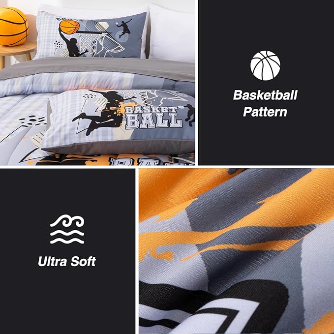 A Nice Night Basketball Themed Full Bed Sets for Boys Teens - 6PC Kids Comforter with Sheet Set, Bed-in-a-Bag Polyester Bedding Collections, Gary
