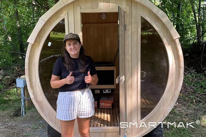 Smartmak Customized Outdoor Barrel Steam Sauna, 2-10 Person Canadian Hemlock/Red Cedar Traditional Wood Sauna Room with 220V ETL-Certified Heater, Backrest Headrest, Rocks, Light Accessories Included