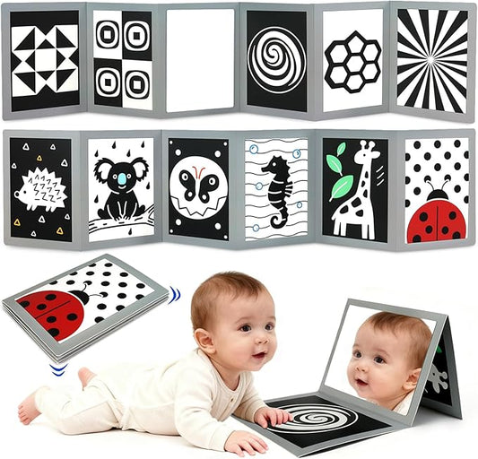 KUANGO Black and White High Contrast Tummy Time Mirror Toys Newborn Toys 0 6 Months Brain Development Infant Stimulating Sensory Baby Book 0-3 3-6 2 4 5 Months Old Baby Boy Girl Gifts