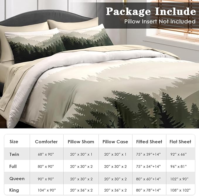 Pamnest Comforter Set Queen Size, Mountain Pine Tree 7 Pcs Bedding for Kids and Adults, Natural Forest Landscape Bed Sheet Sets with Fitted Sheet 2 Pillowcases & 2 Shams