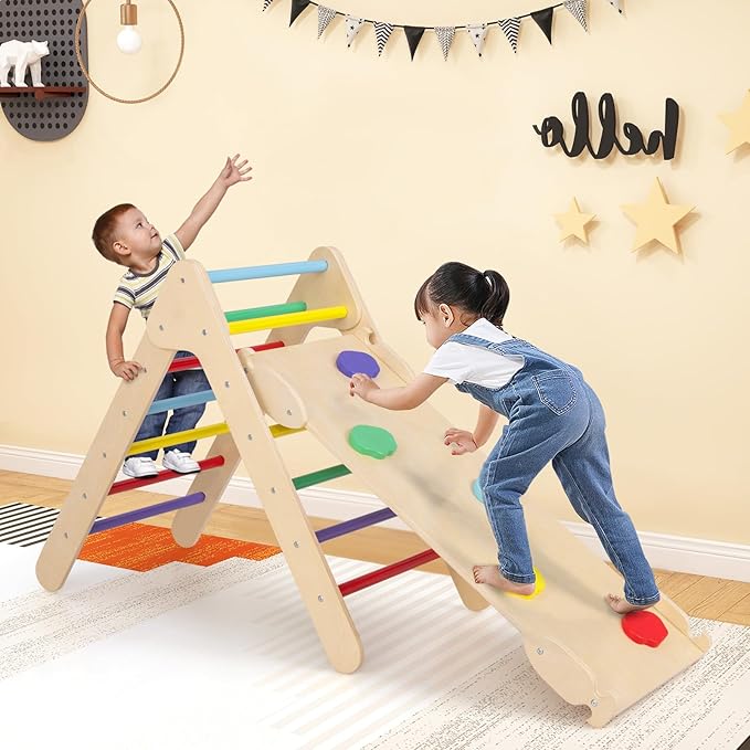 OLAKIDS Pikler Triangle Set 3 in 1 Climbing Toys for Toddlers Wood Montessori Baby Jungle Gym with Ramp Ladder Slide Kids Indoor Playground Activity Play Structure