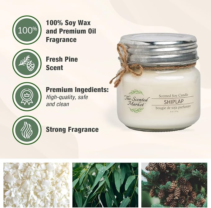 The Scented Market Aromatherapy Soy Wax Candle Shiplap 8 oz Mason Jar, Over 50 Hours of Burn Time, Ideal for Home Decor and Gifts