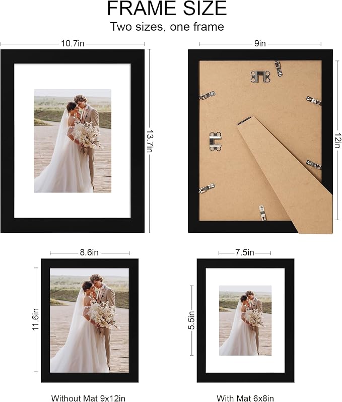 Hongkee 9x12 Picture Frame Set of 4, Made of Real Glass and Rustic Black Frame - Display Picture 6x8 with Mat or 9 x 12 Without Mat, 9 by 12 Photo for Wall or Tabletop