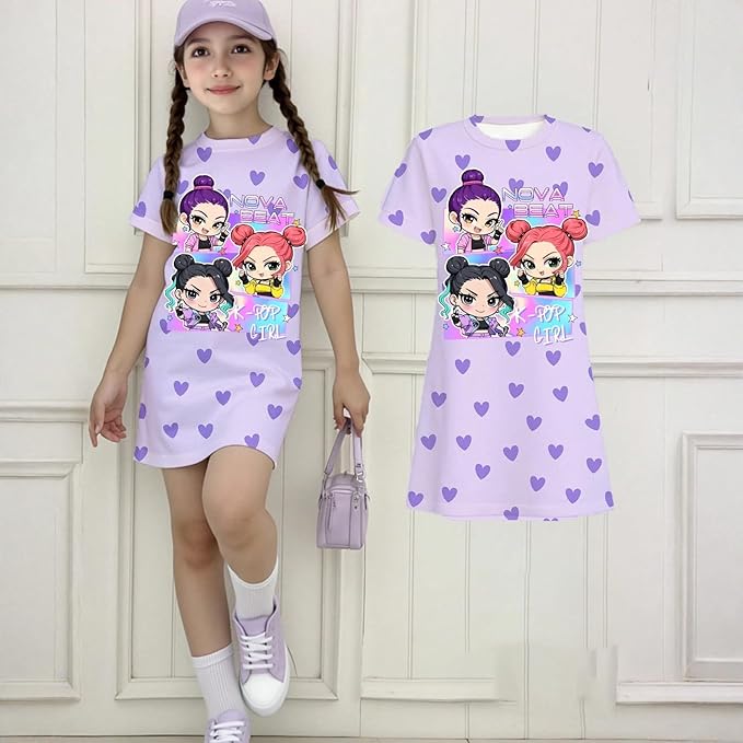 Girl's Anime K-POP Graphic Long Dress T-Shirt - Casual Loose Fit Short Sleeve Top