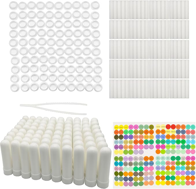 100 Pcs White Refillable Nasal Inhalers, Eco-Friendly PP Plastic Personal Aromatherapy Inhaler Sticks, Blank Essential Oil Inhaler Tubes for Travel, Office, Home, Gym - with Cotton Wicks