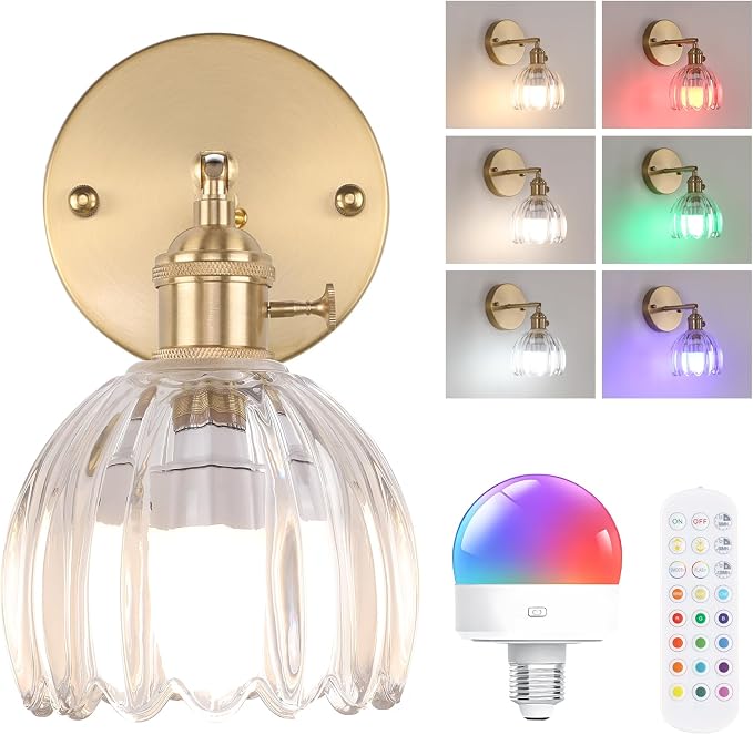 Shenmoyl Vintage Battery Operated Wall Sconce with Transparent Tulip Glass Lampshade Rechargeable Battery Powered Wall Light with Remote Control for Bedside Bedroom Doorway
