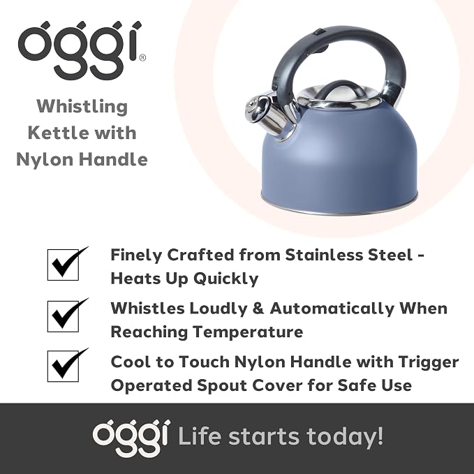 OGGI Tea Kettle for Stove Top - 64oz / 1.9lt, Stainless Steel with Loud Whistle, Ideal Hot Water Kettle and Water Boiler - Blue