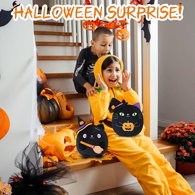 Halloween Cat Stuffed Animal Toy Mysterious Witch with Broom Stuffed Plush Home Decor Halloween Party Gifts for Kids Girls and Boys（Witch Broom Cat 10 Inch）