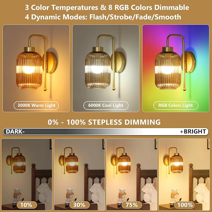 LAMSU Vintage Gold Wireless Wall Sconces Battery Operated, Rechargeable Wall Lights Set of 2 with Amber Stripe Glass Shade, Remote and Bulb, Cordless Sconces Wall Decor for Bedroom Living Room