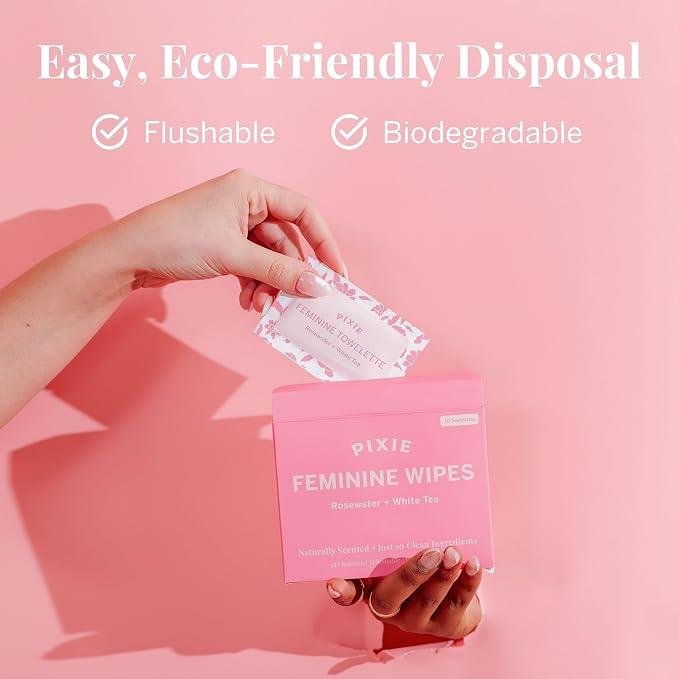 Pixie Feminine Wipes – Naturally Scented Rosewater + White Tea – Flushable, Biodegradable & pH Balanced – Individually Wrapped Wipes for On The Go – Cleaner for Menstrual Cups & Discs (10 Count)
