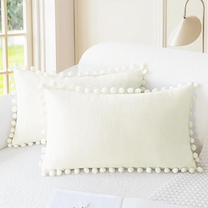 CaliTime Decorative Couch Throw Pillow Covers 20 X 12 Inches Cream | Pack of 2, Cozy Chenille Cushion Cases, with Pom Poms for Sofa Bed Living Room Farmhouse Home