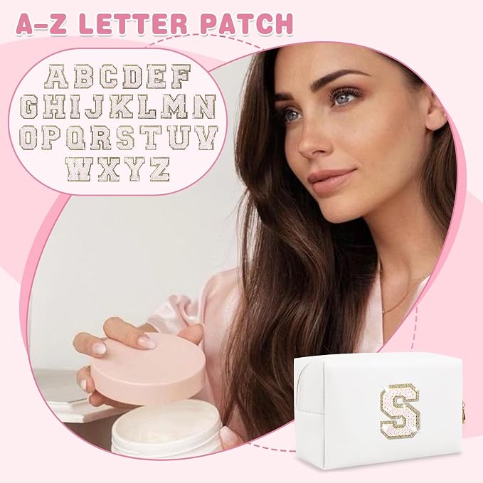 Small Initial Patch Makeup Bag Personalized Gifts Make Up Bag,White Cute PU Leather Glitter Letter Cosmetic Bag with Zipper,Trendy Portable Travel Toiletry Pouch,Preppy Stuff for Teen Girls Women S