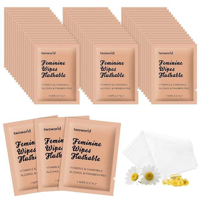 twoworld 400 Feminine Wipes Individually Wrapped,Flushable Wipes Travel | Feminine Care Vaginal Wipes for Adult,Women,Girl and Homeless(Chamomile)