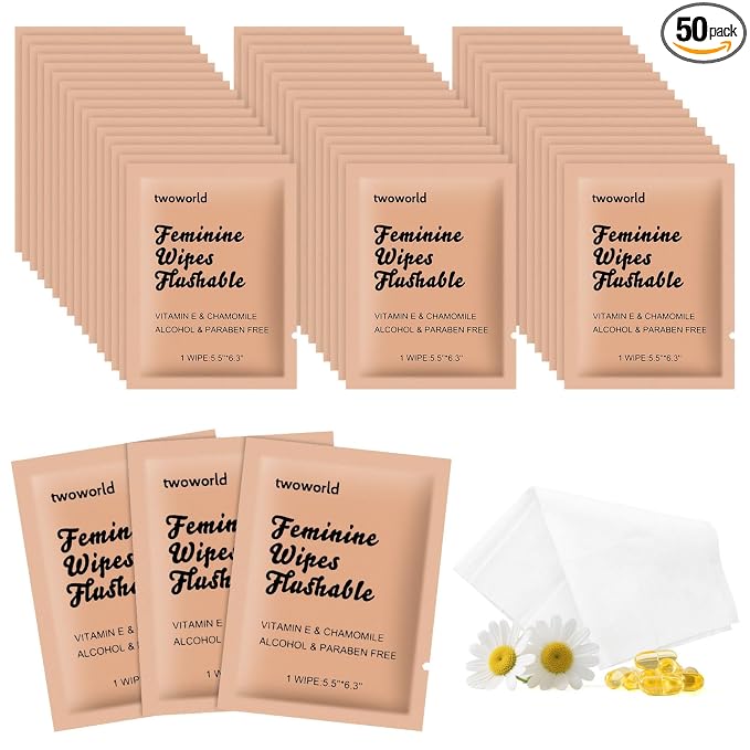 twoworld 50 Feminine Wipes Individually Wrapped,Flushable Wipes Travel | Feminine Care Vaginal Wipes for Adult,Women,Girl and Homeless (Chamomile)