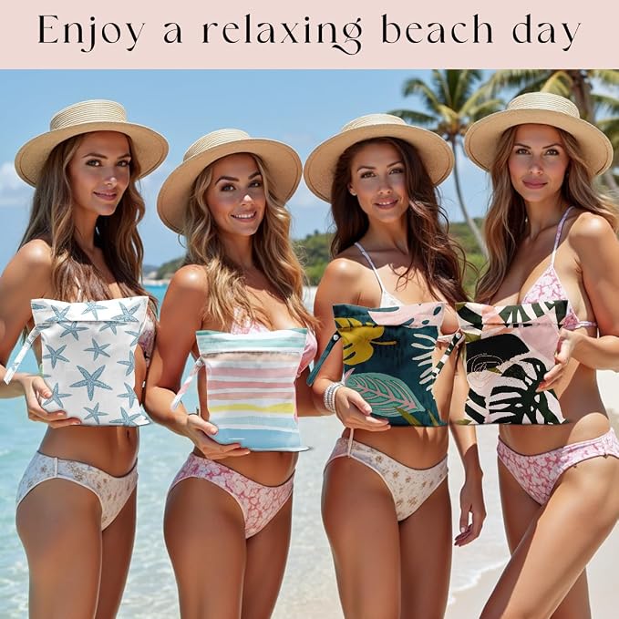 4 Pcs Wet Bag, Waterproof Wet Dry Bag, Aloha Bags Small Laundry Bag, for Swimsuit, Pool, Travel, Beach, Diapers, Dirty Yoga Gym Clothes, Makeup Bags for Travel, Tropical Palm Leaves Decor Jungle