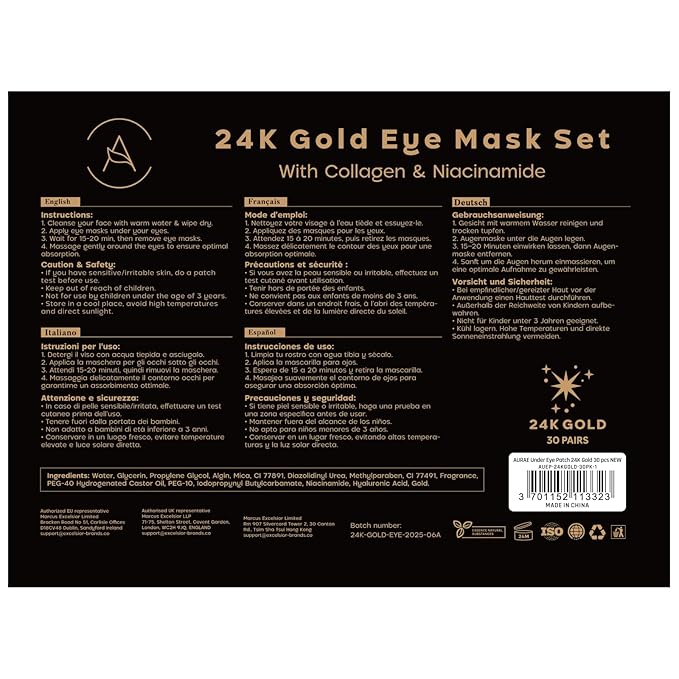 AURAE 24K Gold Under Eye Patches (30 Pairs) - For Dark Circles & Puffiness - Hydrating Eye Mask for a Revitalized Look