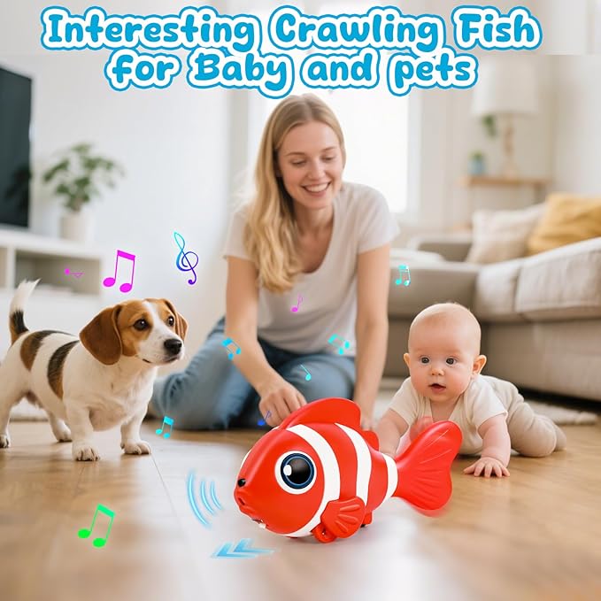 Crawling Fish Baby Toys, Novelty Tummy Time Toys for Babies 6-12 Months, Magic Swinging Fish Music Crawling Toys for Infant Toddler 12-18 Learning Crawl Walking Dancing 1st Valentines Days Gift