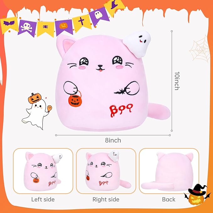 Pink Cat Plush – Halloween Stuffed Animal Ghost Bat Design Soft Pink Cat Stuffed Animal Decoration Party Favors 10 Inch