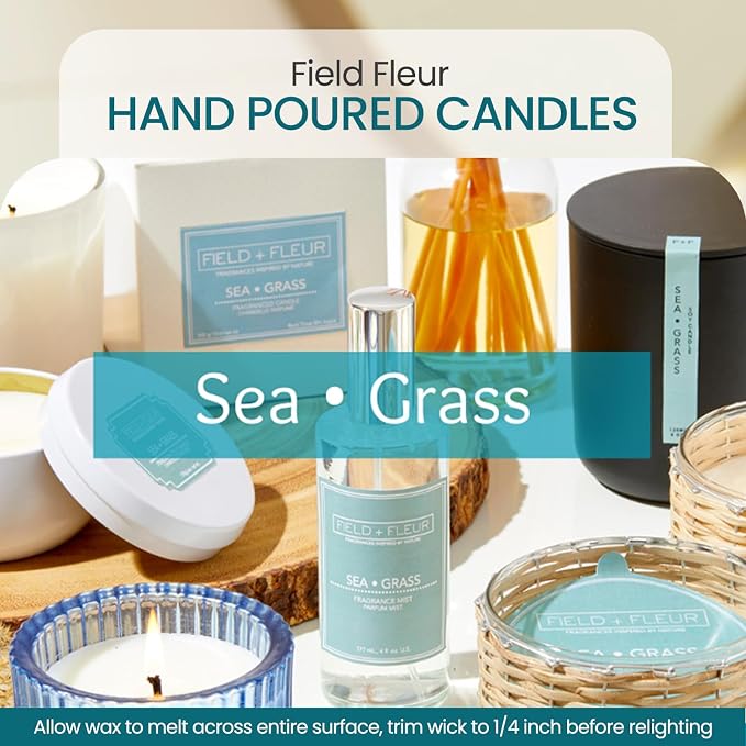 Sea Grass Scented Candle – Luxury 12oz Soy Wax, 2-Wick Handwoven Glass Jar, scents of Blackcurrant, Jasmine and Sandalwood - Santal Candle, 75+ Hour Clean Burn, USA Made