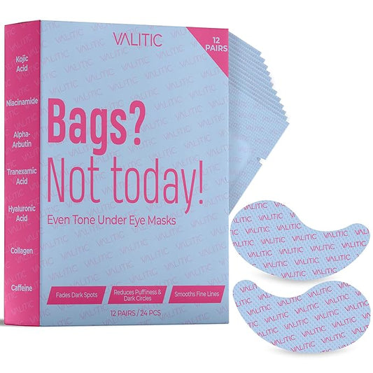 VALITIC Kojic Acid Under Eye Masks - Brightening Under Eye Patches Travel Essentials for Women and Men - Fades Dark Circles and Reduces Puffy Eyes - with Niacinamide, Collagen and Caffeine - 12 Pack