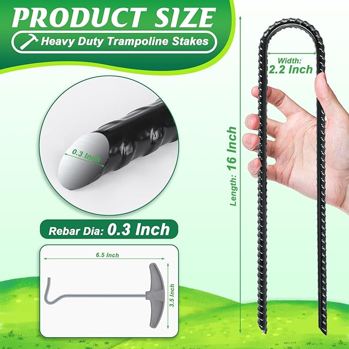 Gtongoko Trampoline Stakes, Trampoline Accessories, Ground Stakes Heavy Duty with T Hook, Ground Anchors, Rebar Stakes, High Wind Tent Anchors, Galvanized Steel, U Shaped, Black