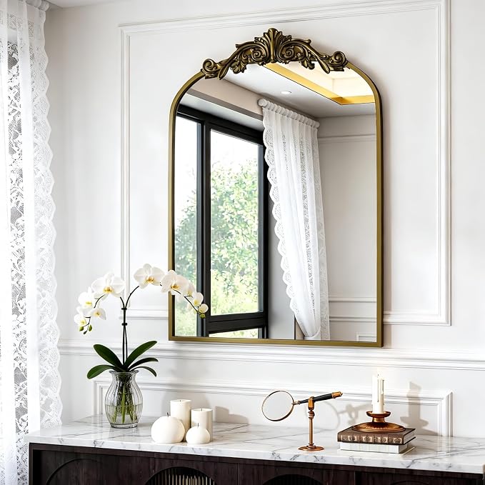 Dewfig Antique Arched Wall Mirror, 30"x22" Vintage Bronze Bathroom Mirror | Ornate Baroque Metal Frame Brass Mirror, Victorian Antique Bronze Mirrors for Living Room, Bathroom, Fireplace, Wall Decor