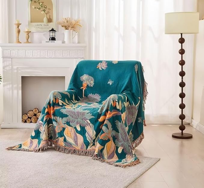 Boho Throw Blanket for Bed 100% Cotton Bohemian Blankets Ultra Soft Woven Muslin Decorative Blankets All Seasons Vintage Quilt Knitted Blanket for Sofa Chair(Orange, 80"x90")