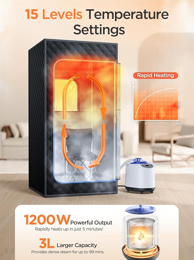 Portable Steam Sauna for Home | 71" Full Body Sauna Tent with 1200W 3L Steamer, 15 Heat Levels, Timer & Remote Control, Foldable Chair | Large Size for Adults, VOC-Free