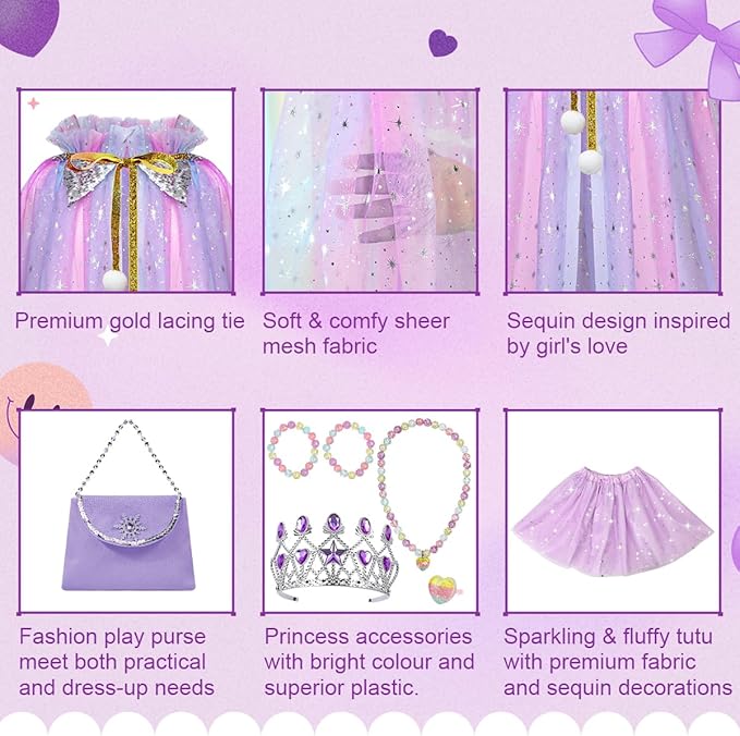Meland Princess Dress up Clothes for Girl, 11Pcs Princess Cape with Kid Crown Toys,Dresses for Girl 3,4,5,6,7,8 Birthday Gift