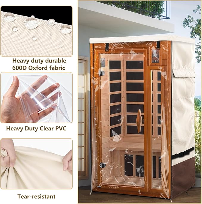 Outdoor Wood Sauna Cover,Sauna Covers with Separate Top Cover for Wood Home Spa Saunas,40" Lx37 Dx73 H with PVC Clear Door Design,Beige&Brown