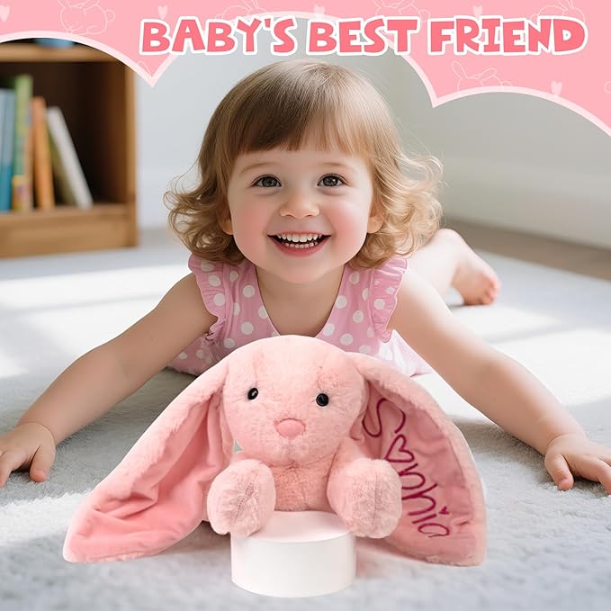 Personalized Bunny Plush Stuffed Animal with Embroideried Name Custom Toddler Stuffed Rabbit Doll Kids Bunny Plush Toys Personalized Baby Girls Boys Newborn Gifts for First Birthday Easter
