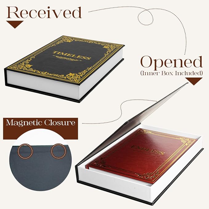 Vintage Decorative Book Storage Box Set of 2, Stylish Faux Leather Decorative Books, Fake Book Storage Box for Bookshelf, Coffee Table, Modern Home Decor, Black & Dark Brown