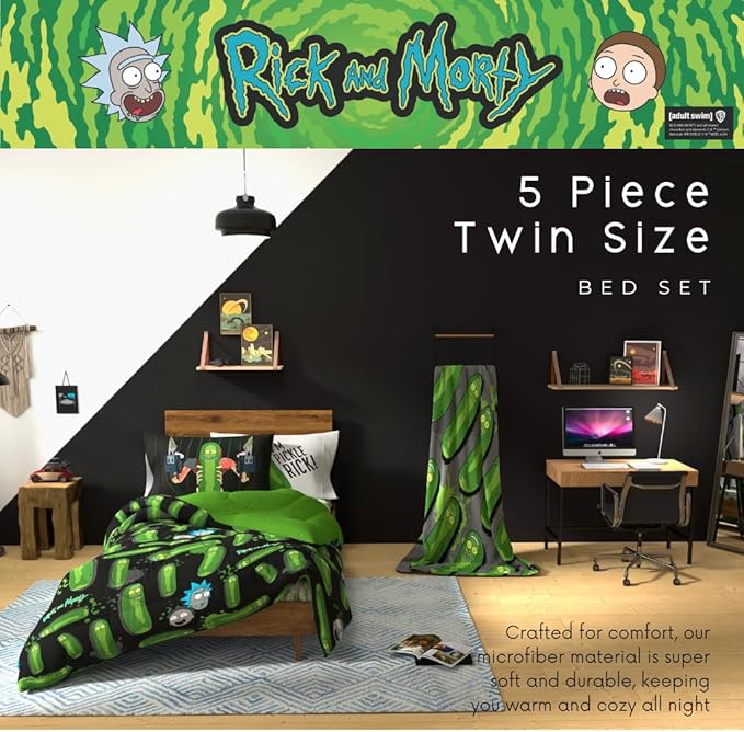 Rick & Morty 5 Piece Super Soft Cozy Reversible Comforter and Sheet Set with Sham, Twin, (Officially Licensed Product) By Franco