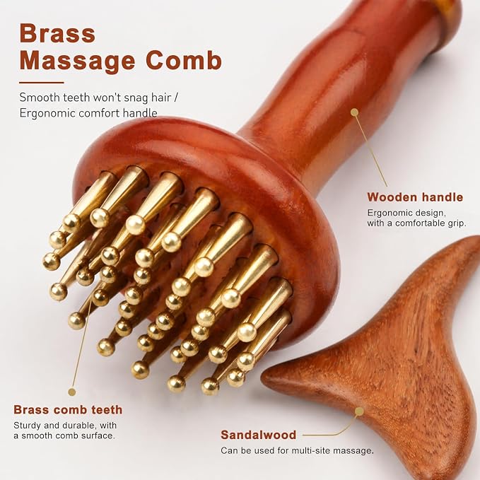 29 Teeth Copper Head Massage Comb for Body and Scalp, Include Sandalwood Triangle Tool, Meridian Point Massager Brush for Belly, Wooden Ergonomic Handle Design, Chinese SPA Gua Sha Tool for Body