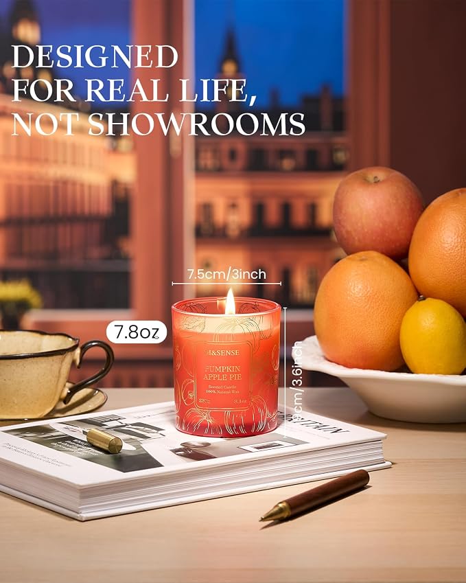 M&SENSE Pumpkin Apple Pie Candle, 8.1oz Gilded Glass Harvest Gift | 42H Slow Burn, Soy Wax, Gilded Glass Jar, Sensitive-Safe, Warmer Friendly, Reusable Candy Jar