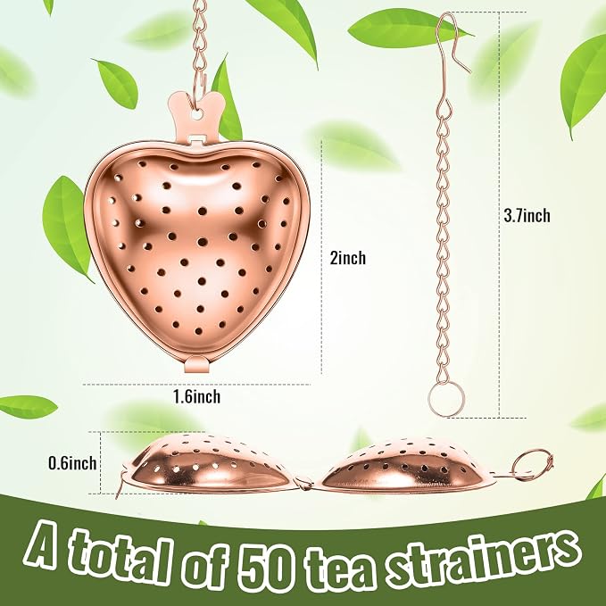 Sumind 100 Pcs Tea Strainer Stainless Steel Tea Ball Infuser Loose Leaf Tea Steeper Tea Interval Diffuser Heart Shape Mesh Tea Filters with Extended Chain Hook for Seasonings Cup Bottle (Rose Gold)