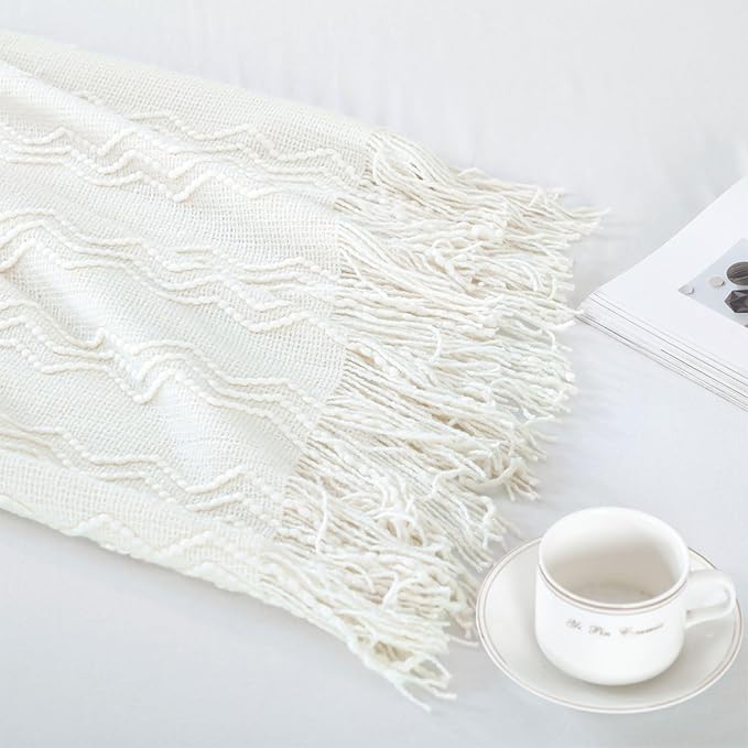 BOURINA Off White Throw Blanket 50x90 Inch Boho KnitSoft Throw Sofa Blanket | Knitted Throw Blanket 50x90 Inches, Soft Lightweight Boho Weave Throw Decorative Couch Blanket for Living Room Bedroom Chair