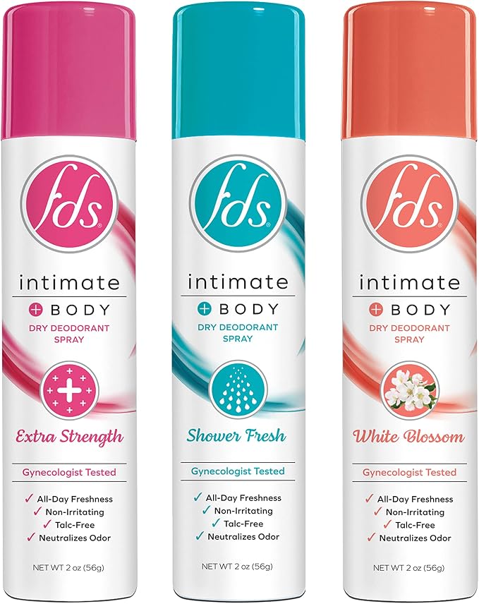 FDS Intimate Deodorant Feminine Spray for All Day Freshness & Odor Protection, Variety Pack Shower Fresh + White Blossom, pH-balanced, Talc-Free, Gynecologist Tested, Delicate Breeze, 2 Oz, Pack of 3