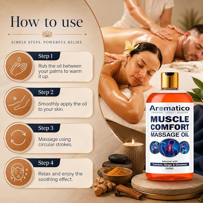 AROMATICO Muscle Comfort Deep Tissue Massage Oil - Herbal Massage Oil with Ginger, Turmeric & Clove for Joint Pain, Back Pain & Muscle Relaxing | 10 Fl Oz