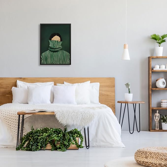 Emerald Green Feminine People Wall Art Retro Abstract Stripe Poster Funky Minimalist Eclectic Canvas Prints 24X36 inch Black Framed for Bedroom Apartment Dorm Wall Decor
