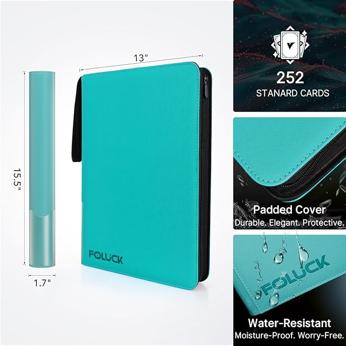 Foluck 9 Pocket Top Loader Binder, Holds 252 Toploaders, 200Pcs Top Loaders & Card Sleeves Included, Side-Loading Trading Card Binder, Premium Collection Album for Pokemon, MTG, Sports Cards (Teal)
