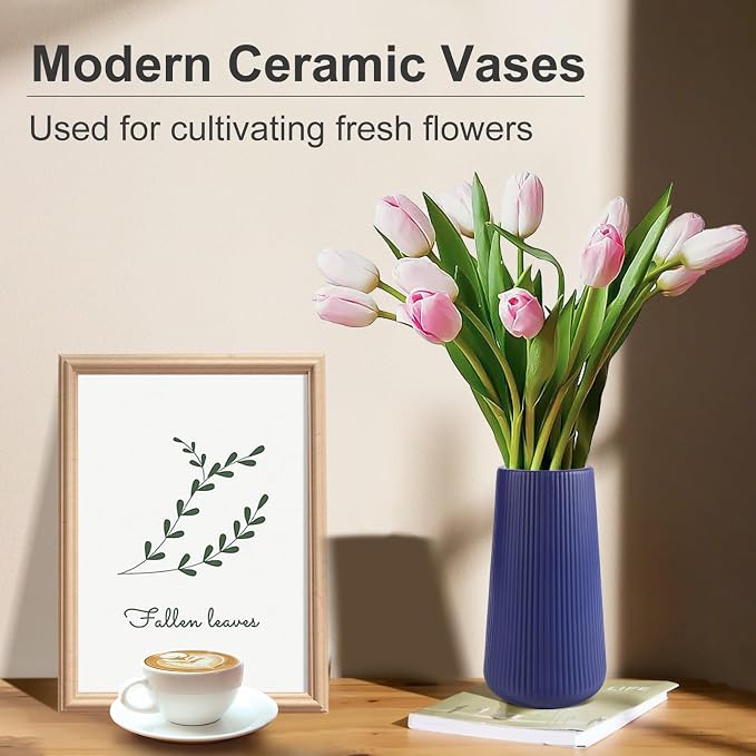 Navy Blue Ceramic Vase, GUKJOB Small Cute Flower Vase for Pampas Grass, Home, Living Room, Dining Table, Farmhouse, Office Decor, Bedroom, Table, and Kitchen Shelf (Navy Blue)